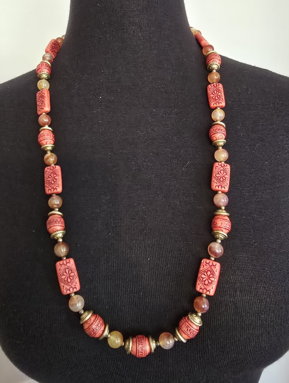 Orange Carved Acrylic And Matted Gold Bead Statement Necklace